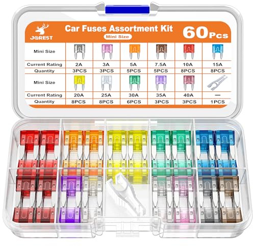 JOREST 60Pcs Mini Kfz Sicherungen Set,Auto sicherungen Set Autosicherung Flachsicherung Stecksicherungen Sicherung für PKW Wohnmobil LKW Motorrad (2 Amp 3A 5A 7.5A 10A 15A 20A 25A 30A 35A 40A)