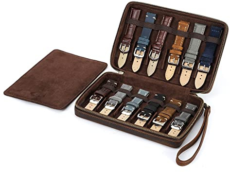 Hiram Bolsa organizadora de correa de reloj de piel auténtica, funda de viaje con capacidad para 12 correas de reloj, bolsa de almacenamiento adecuada para la mayoría de tamaños de correas de reloj