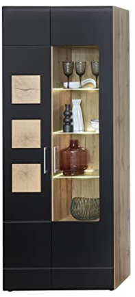 Stella Trading SONATE Vitrine in Eiche Altholz Optik, Schwarz - Moderne Vitrine mit Türen und LED-Beleuchtung - 80 x 208 x 37 cm (B/H/T)