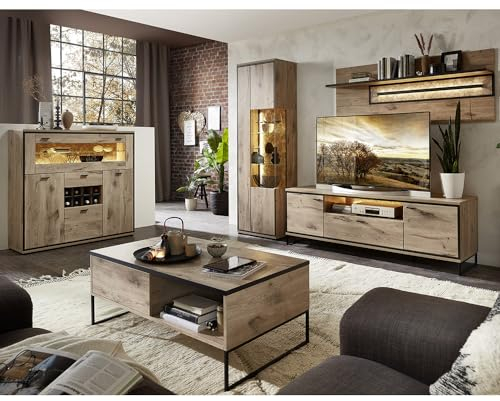 Wohnmöbel Set Wohnwand inkl. Beleuchtung braun 5-teilig Modern, 1 Couchtisch, 1 Vitrine, 1 Highboard, 1 Lowboard, 1 Wandboard