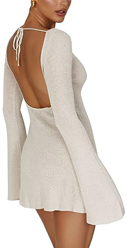 Owegvia Vestido de manga larga para mujer, minivestido a rayas, espalda abierta, contraste/color sólido, vestido de punto para mujer, blanco, S