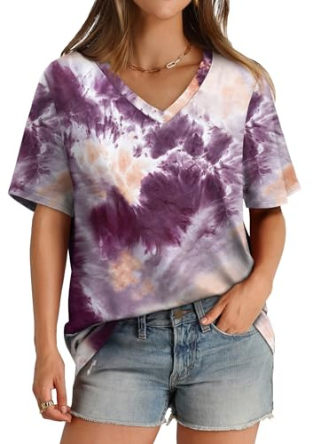 Womens T Shirts Short Sleeve V Neck Loose Fit Summer Tops Fashion Tees Tie Dye Purple Pink 3XL