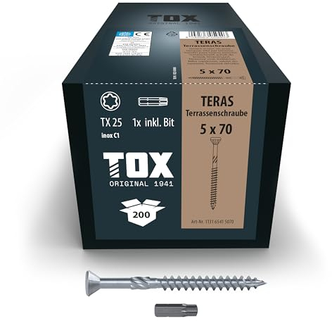 TOX Terrassenschrauben TERAS 5,0 x 70 mm, Schrauben mit Zierkopf für formschönes Flächenbild, witterungsbeständig durch Edelstahl C1, TX25, 200 Stück im Karton, inkl. 1x Bit, 113165415070