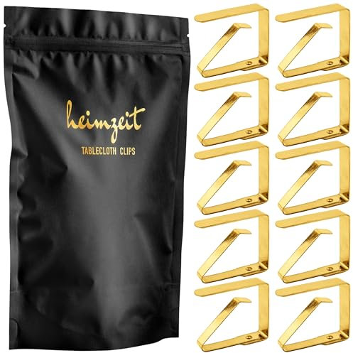 heimzeit Pinzas para Sujetar Manteles de Acero Inoxidable [10 Piezas, 4 cm] Color: Oro, Sujetamanteles para Uso Exterior e Interior, Pinzas para Mesas con un Grosor máximo de 3 cm