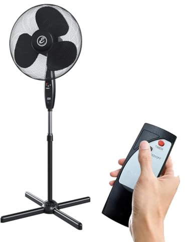 Ventilatore A Piantana Potente Da 50W Per Pavimento Pale Da 40 Cm Silenzioso Con Timer 7 Ore 3 Velocità Oscillante Altezza e Inclinazione Regolabili E Telecomando per Controllo A Distanza Colore Nero
