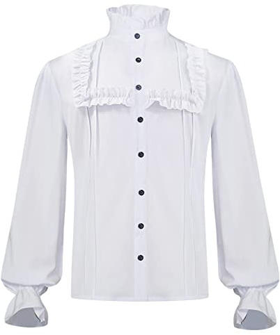 Chemise Renaissance Homme Col à Volants- Tee Shirt Manche Bouffantes-Haut Gothique Plissé Couleurs Pures Blouse Top pour Steampunk Cosplay Medievale Rétro Cour Halloween Victorienn