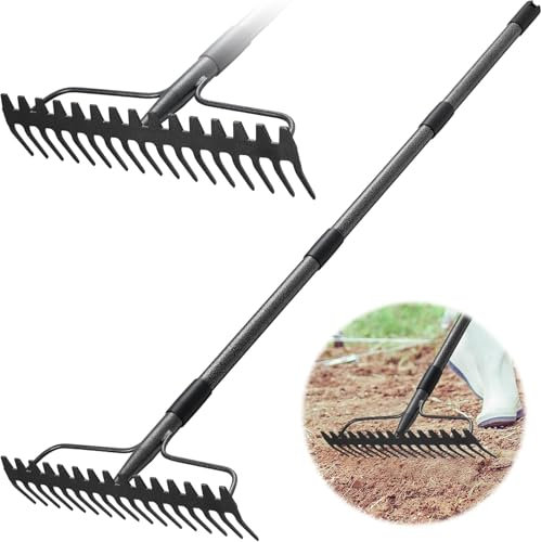 Bow Rake, Metal Rake with 17 Tines, Heavy Duty Garden Rake 195 cm with Stainless Steel Handle, Grey