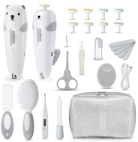 Lilian&Gema Baby Nagelfeile Elektrisch, Elektrische Nagelfeile mit 9 Schleifkopf, 28 in 1 Baby Nagelset mit LED Licht, Nagelpflegeset Elektrisch für Babys, Kleinkind, Erwachsene, USB Laden, Grau