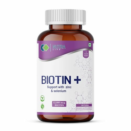 Nutra Life Biotin with Zinc & Selenium Tablets - 12000 mcg - 180 Tablets - Hair Growth Vitamins for Thicker Hair and Fuller Beard - Faster Nail Growth - Healthy Skin - for Men & Women