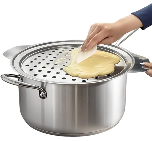 Mlesi Premium Grade Stainless Steel Spaetzle Maker with plastic Scraper, Spaetzle Press For Traditional German Dumplings & Egg Noodles, Round Spaghetti Strainer, Easy to clean, Dishwasher-Safe