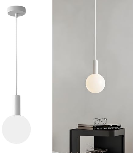HJXDtech Lámpara Colgante de Techo con 15cm Globo de Vidrio Blanco - Luz LED E14 Regulable de 3 Colores, Altura Ajustable,Moderna Iluminación para Comedor, Dormitorio y Salón (Blanco)