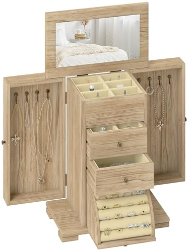 HOMCOM Caja Joyero de Madera de 4 Niveles Joyero Mujer Organizador Grande con 2 Cajones Espejo para Pendientes Anillos Collares Natural