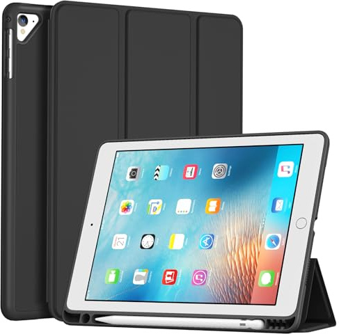 ProCase Smalt fodral för 9,7-tums iPad 6:e generationen 2018/iPad 5:e generationen 2017, mjukt TPU-fodral baksida med pennhållare smart folio skyddsfodral - svart
