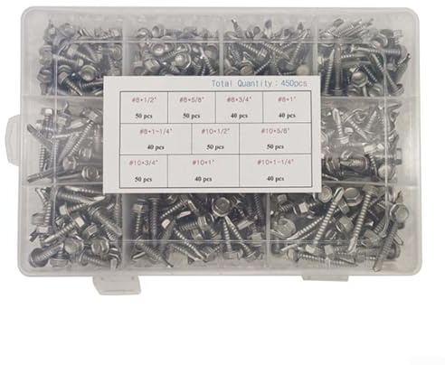 Yuanpgky 450 tornillos autoperforantes hexagonales de acero inoxidable 410 para metal, madera, plástico, resistentes, sujetadores endurecidos con roscas cortadas y