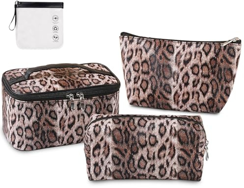 3 Pcs Leopard Print Makeup Bag Set, Dark Brown Travel Cosmetic Bags & Toiletry Organiser for Women, Portable Vanity Case Pouch, Stylish Travel Essentials & Beauty Gifts