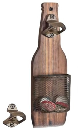Abridor de botellas de cerveza con recogedor de tapas, herramienta de madera rústica para decoración de cocina al aire libre, para entusiastas de la cerveza