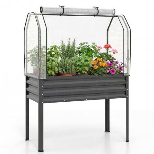COSTWAY Orto Rialzato da Esterno con Serra, Fioriera Rialzata con Copertura in PE, Porta Avvolgibile con Cerniera e Guanti, Aiuola Rialzata per Verdure, Fiori e Frutta, 112 x 55 x 152 cm (Grigio)