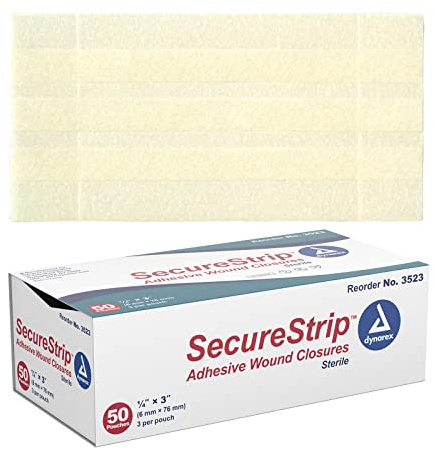 Dynarex Wound Closure Strips - 1 Box of 150 Strips, Sterile, Provides Support to Small Cuts & Skin with Sutures, Stitches, Staples and Aftercare, 1/4” x 3”