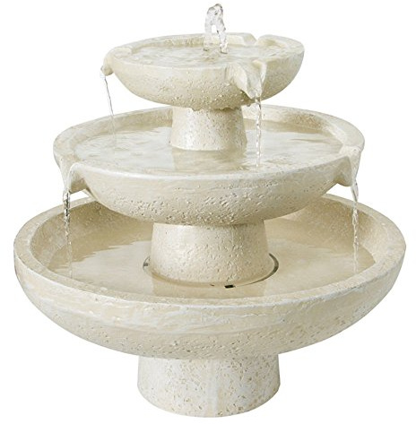 Primrose 44cm Solar Powered Ivory Stone Effect Round 3 Tiered Outdoor Cascading Water Feature Self Contained