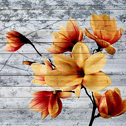FORWALL Fototapete Vlies - Tapete Moderne Wanddeko Orange Blumen auf Holzbretter V4 (254cm. x 184cm.) AMF3521V4 Wandtapete Design Tapete Wohnzimmer Schlafzimmer