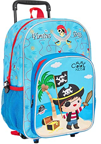 PERLETTI Kinder Rucksack Blau für Kindergarten Jungen 3 4 5 6 Jahre - Kinderrucksack mit Abnehmbaren Rädern für Kleinkinder - Pirat Dinosaurier Rollrucksack mit Reflektierenden Details (Pirat)