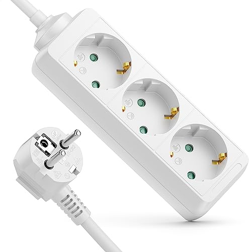 deleyCON 3-Vägs Grenuttag Fleruttag Stickkontakt Strömlist för Inomhusbruk, 1,4m Kabel, Robust Plastkapsling, Energibesparande, Vit