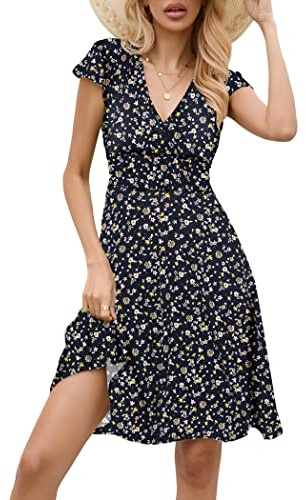 Zeagoo Robe Portefeuille pour Femme Élégante à Manches Courtes Col en V Robe à Fleurs Été Festive Bleu-Fleur L