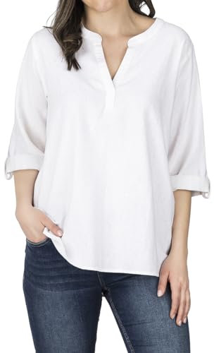 DENIMFY Leinenbluse Damen Sommer leicht Regular Fit DFSara Leinen Bluse 3/4 Arm V-Ausschnitt Blusenshirt Oberteile Einfarbig Schwarz XL, Größe:XL, Farben:White