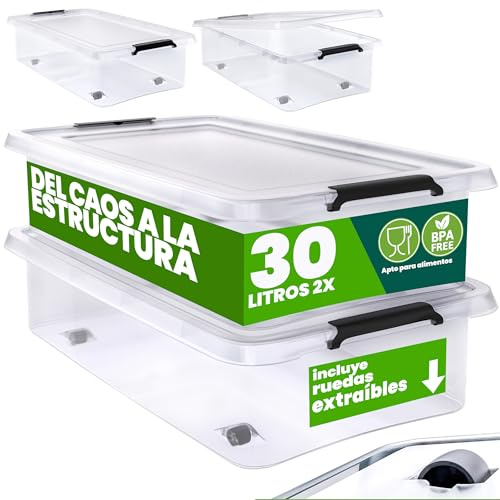 Deuba® 2X Boîte de Rangement 30L en Plastique Transparent empilable sans BPA Gain de Place Caisse de Rangement roulettes