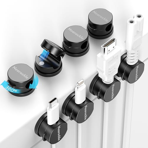 Lot de 8 [Rotatif] Support de Câble Magnétique Clips de Gestion de Câbles, Nearockle Organisateur de Câbles Magnétique Auto-Adhésif Puissant Amélioré pour Bureau, Nuit, Câble de Charge (noir)