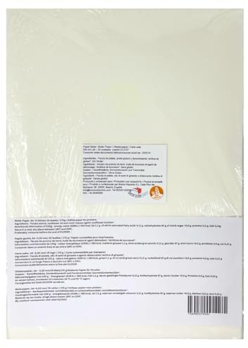 25 Hojas Papel de Oblea Comestible A4 Blanco L30 – 0,30 mm – Papel de Arroz para Impresión con Tinta Comestible – Para Tartas, Fondant y Pasta de Almendra (25)