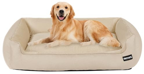 HMTOPE Hundsäng, hundsoffa, hundkudde, hundkorg, avtagbar och tvättbar, beige, 110 x 86 x 26 cm