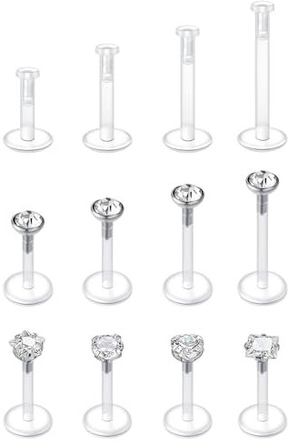 WillTen 12Pcs Clear Tragus Piercing Helix Piercings Labret Piercing Lippenpiercing, Mixed Bioflex Tragus Medusa Piercing Ohrpiercing Chirurgenstahl Ohr Helix
