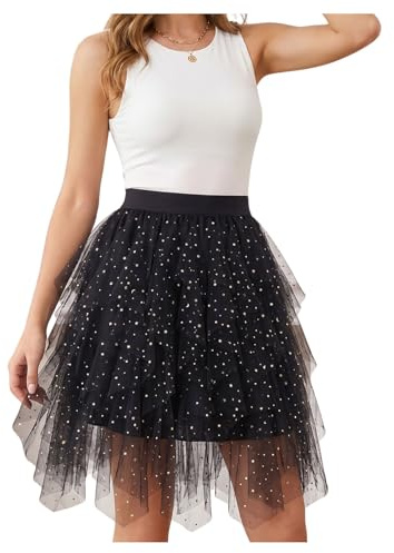 WERFORU Damtyllkjol underkjol tutu hög midja A-linje tutu kjol midikjol sommarkjol, B-svart paljetter, XL