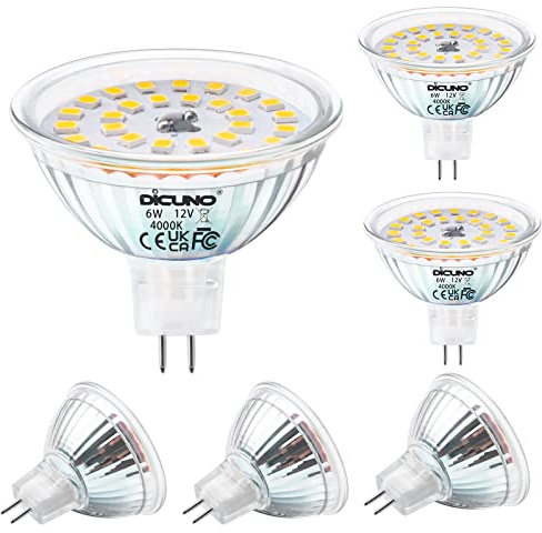 DiCUNO Lampadina LED GU5.3 MR16, 6W equivalente a 50W alogeno, Bianco naturale 4000K, 580lm, 12V Faretto LED, Non dimmerabile, Angolo del fascio 120°, Lampada riflettore per faretto incasso, 6 Pezzi