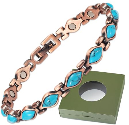 Wollet Magnetiskt koppararmband för kvinnor, magnetiska armband för kvinnor, turkossmycken med 3500 Gauss magnet (med presentask) (typ F)