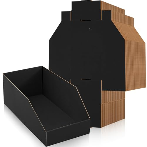 Fuyoooo 30 Pack 12 x 6 x 4. 5 Inches Cardboard Storage Bins Open Top Bin Boxes Corrugated Shelf Organizer Bins for Pantry, Parts, Garage, Snacks, Bottles, Cans or Warehouse Home Cubby, Black