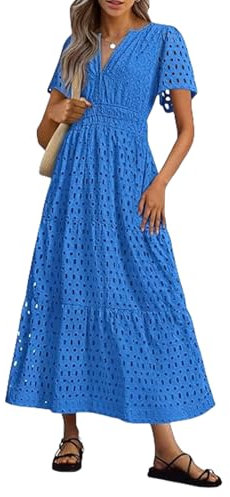Summer Maxi Dresses for Women UK Wedding Guest Dress Short Sleeve Casual Boho V Neck Hollow Out Eyelet Ruffle Swing A Line Cotton Long Flowy Beach Vacation Evening Dresses Blue