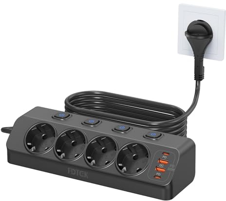 PD 20W Ecksteckdose mit Flachstecker, FDTEK 4 Fach Mehrfachsteckdose Einzeln Schaltbar 4000W 16A, Steckdosenleiste mit USB C, Tischsteckdose mit Schalter, Schreibtisch Steckdose Wandmontage 2M Kabel