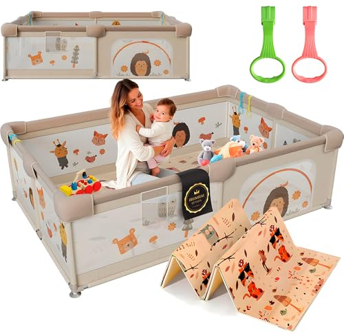 DeFieltro Parque Infantil Bebe 120x120 - Corralito Bebe con Malla de Animales Transpirable, Alfombra Acolchada +60 BOLAS +4 Anillas - Corral Baby con Estructura ANTIDESLIZANTE (120 x 120 CM)