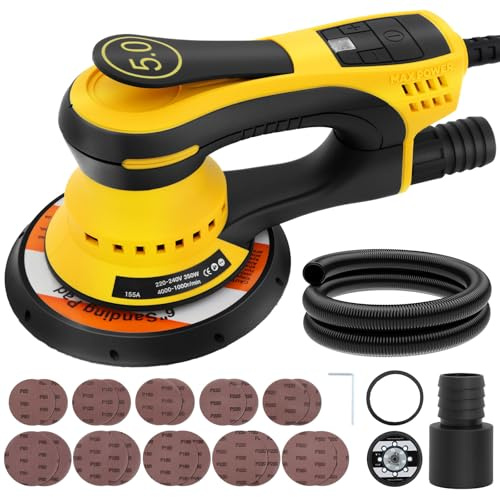 Levigatrice Orbitale Senza Spazzole 350W, 6 Velocità Regolabili 4000-10000 RPM, Doppio Piastrella 155 e 125 mm, 5,0 Levigatrice Rrotorbitale con 20 Fogli Abrasivi, Ideale per la Levigatura