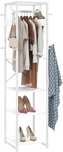 HOMCOM Coat Rack, Freestanding Coat Stand with 8 Hooks and 3 Shelves, Clothes Stand for Hallway, Entryway, Bedroom, 170 x 38.5 x 30 cm, White Wood Grain