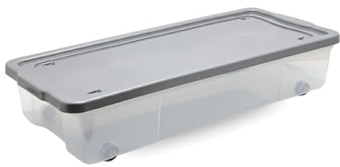 ALEEZ - 47L Underbed Storage Boxes with Wheels - Rectangular Plastic Rolling Storage Container for Clothes, Shoes, Bedding & Toys - Space Saving Durable Organiser for Bedroom & Home Use (Clear, 1x)