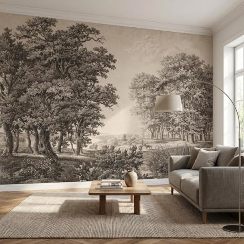 Sunny Graphics Print Nature Photo Mural Printed Forest Wallpaper Wall Covering of Countryside Painting with Trees, Stream & Cow Wall Art Home Office Decoration