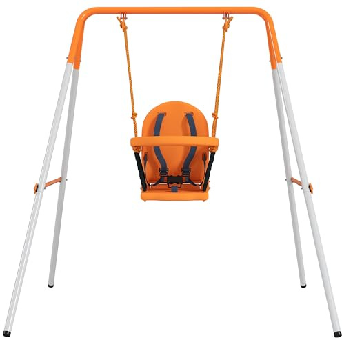 Outsunny Columpio para Bebés, Columpio Jardín Exterior de Acero con Respaldo, Cinturón de Seguridad, Marco Forma A, para Niños de 6-36 Meses, para Interior y Exterior, Carga 25 kg, Naranja