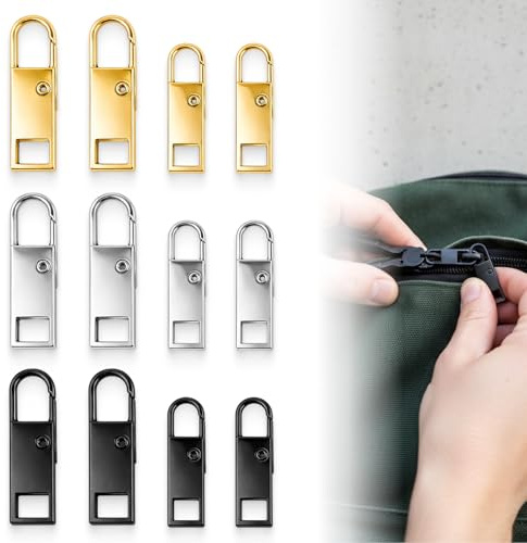 Kit reparación cremallera 12 piezas, tirador cremallera reemplazo metálico, cursor zip repuesto para bolso maleta chaqueta zapatos, 3 colores negro plata oro, largo corto apertura ≥2 mm