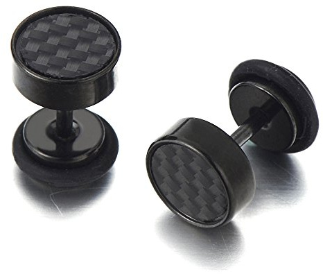 2 Nero Finto Dilatatore Fake Plug, Orecchini da Uomo, Acciaio Inossidabile con Inserto in Carbonio, 10MM