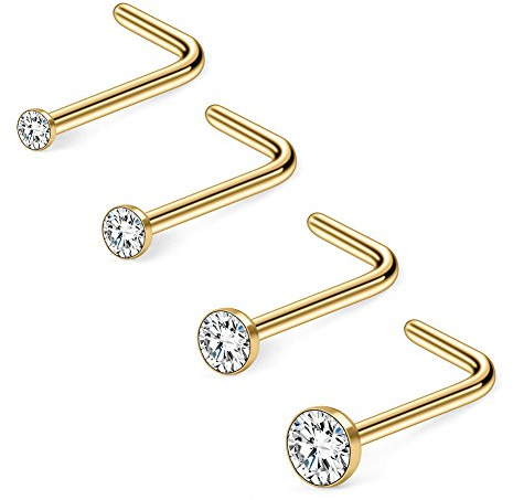 Ruifan 4PCS 18G 316L Surgical Steel 1.5mm 2mm 2.5mm 3mm Jeweled Clear Round Diamond Cubic Zirconia Crystal Nose L Shaped Studs Rings Piercing Jewelry - Gold