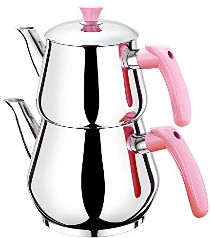 Ertex Türkischer Teekocher |Tee- und Wasserkocher Demlik Caydanlik Semaver Samovar PIRAMIT Mini (Pink)