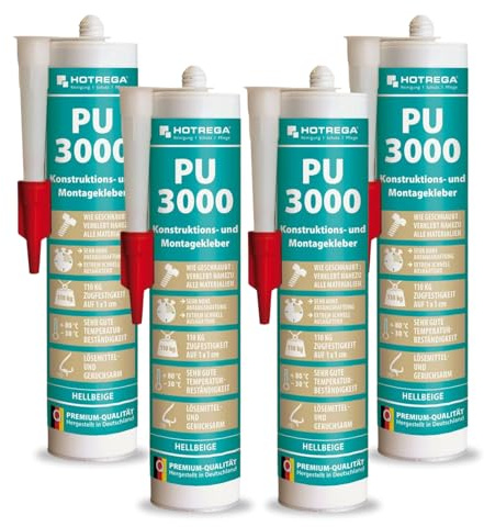 HOTREGA PU 3000 Montagekleber 4x 310 ml hellbeige | Konstruktionskleber mit hoher Anfangshaftung | Extrem schnell aushärtend, witterungsbeständig